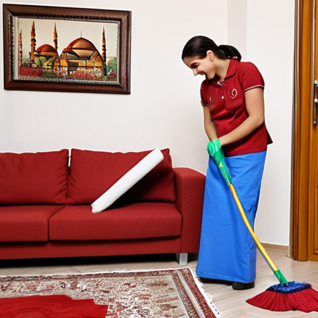 **

A friendly and trustworthy Turkish "yardımcı" (house helper) cheerfully cleaning a modern Turkish living room. Focus on warm lighting and a sense of order and comfort. The "yardımcı" should appear professional and approachable. Consider adding details such as traditional Turkish decor elements in the background.

**