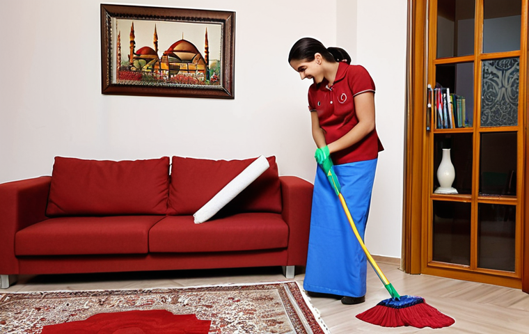 **

A friendly and trustworthy Turkish "yardımcı" (house helper) cheerfully cleaning a modern Turkish living room. Focus on warm lighting and a sense of order and comfort. The "yardımcı" should appear professional and approachable. Consider adding details such as traditional Turkish decor elements in the background.

**